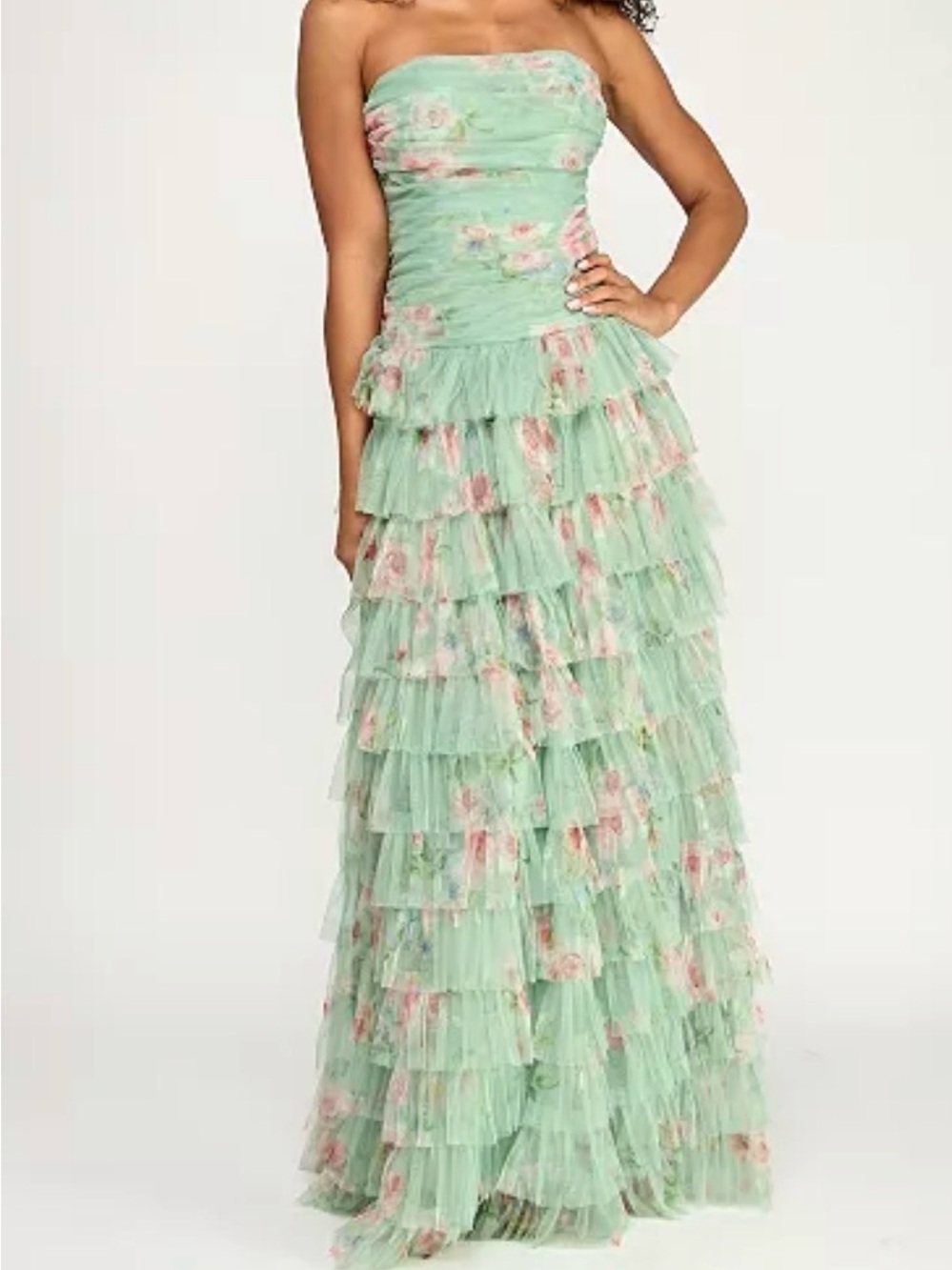 B Darlin Strapless Printed Mesh Gown with Pleated Bodice and Tiered Ruffle skirt